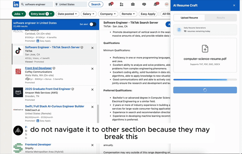 FireResume quick demo showing job page to resume generation